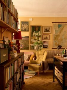 vintage scandinavian home oak floor bookshelves gallery wall nordroom 1125x1500 1