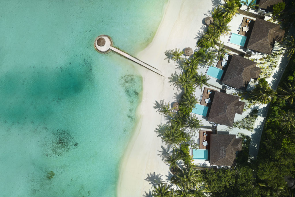Anantara Veli Maldives Resort Beach Pool Villas aerial view with lagoon