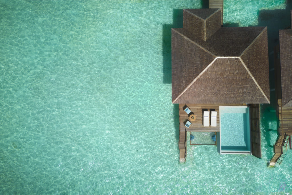 Anantara Veli Maldives Resort Deluxe Over Water Pool Villa deck and aerial view